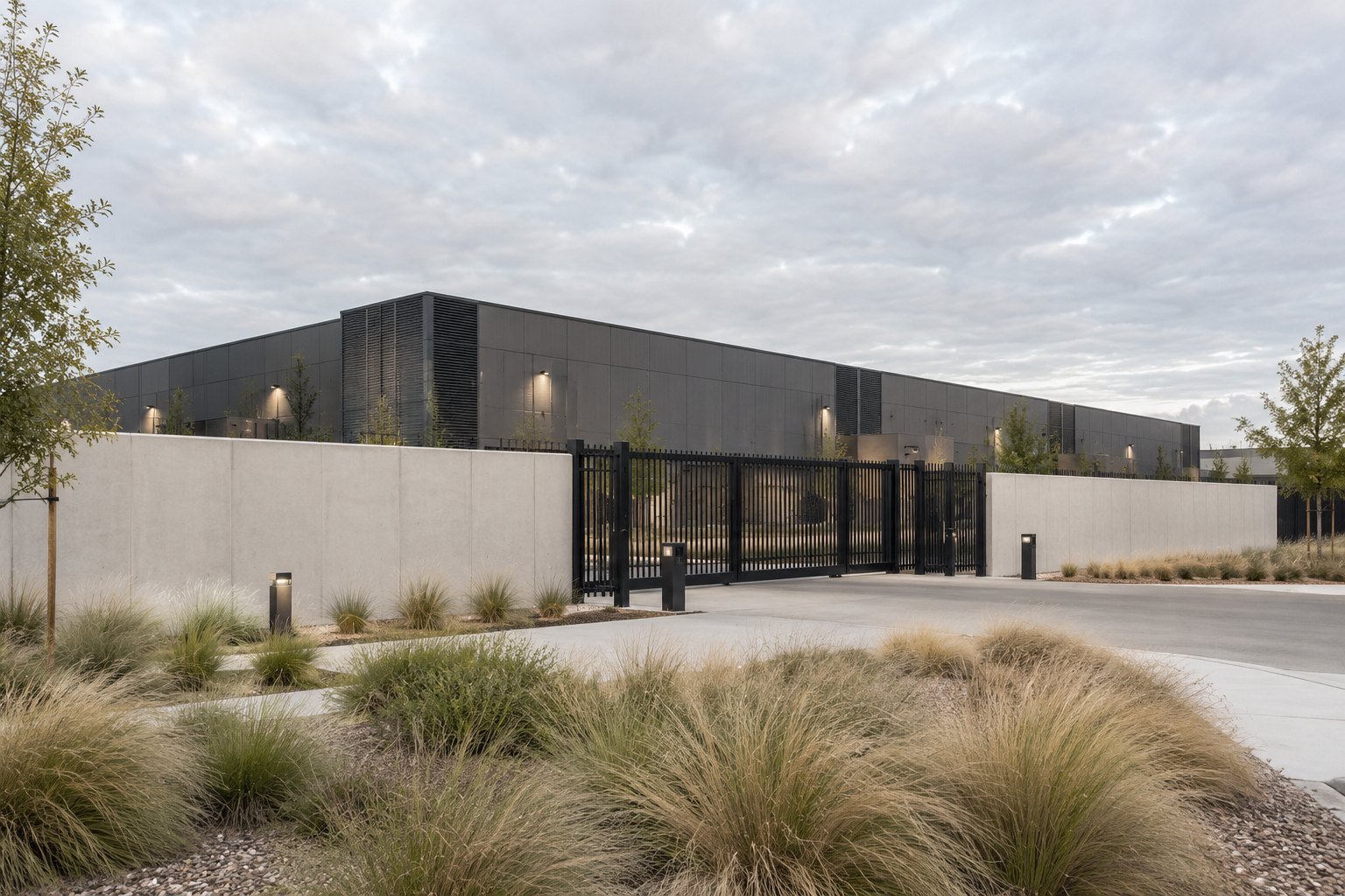 Concrete boundary, controlled vehicle entry and the facade of a data center campus